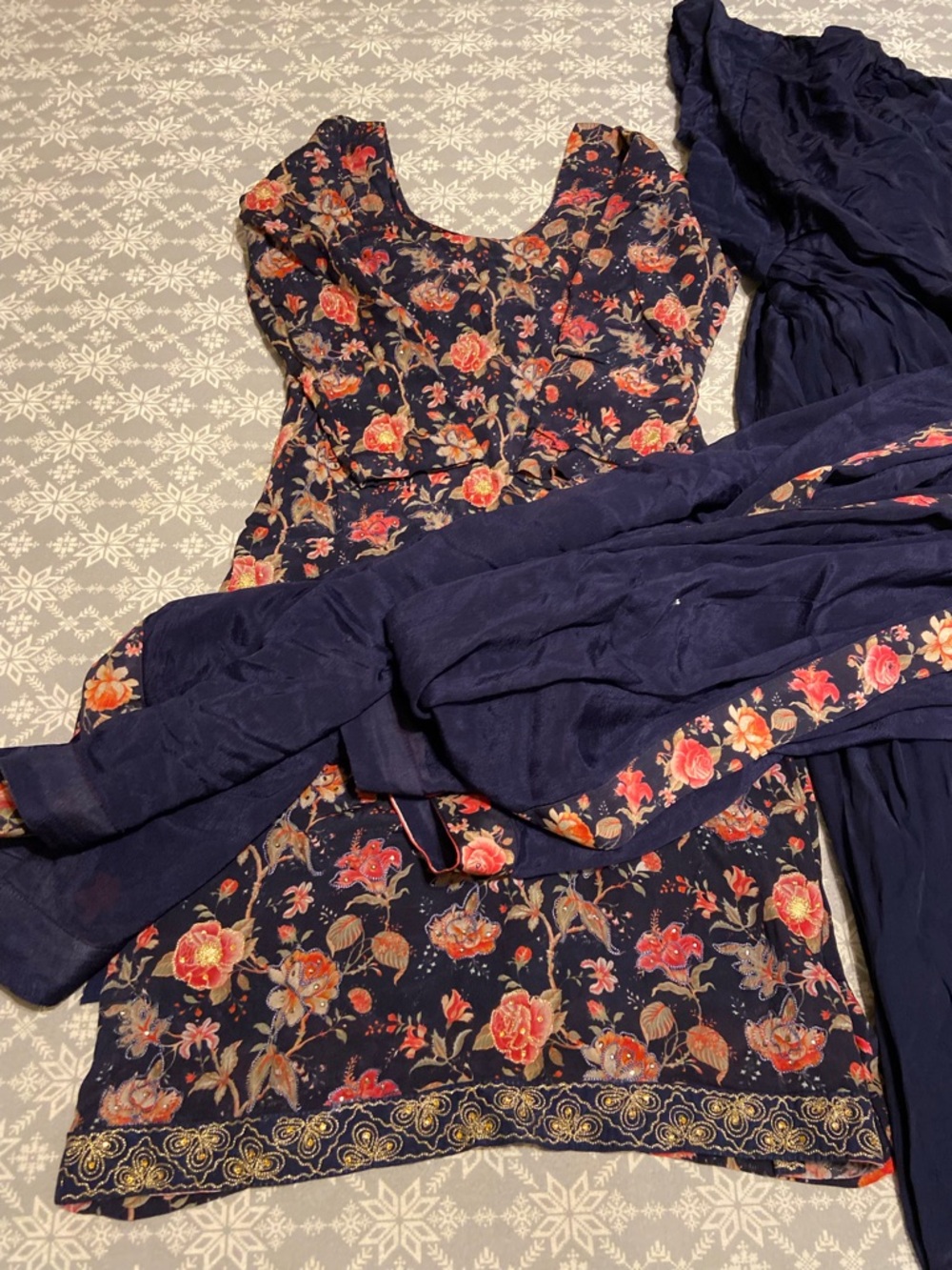 Navy Floral Printed Embroidered 3 Piece Salwar Suit Set
